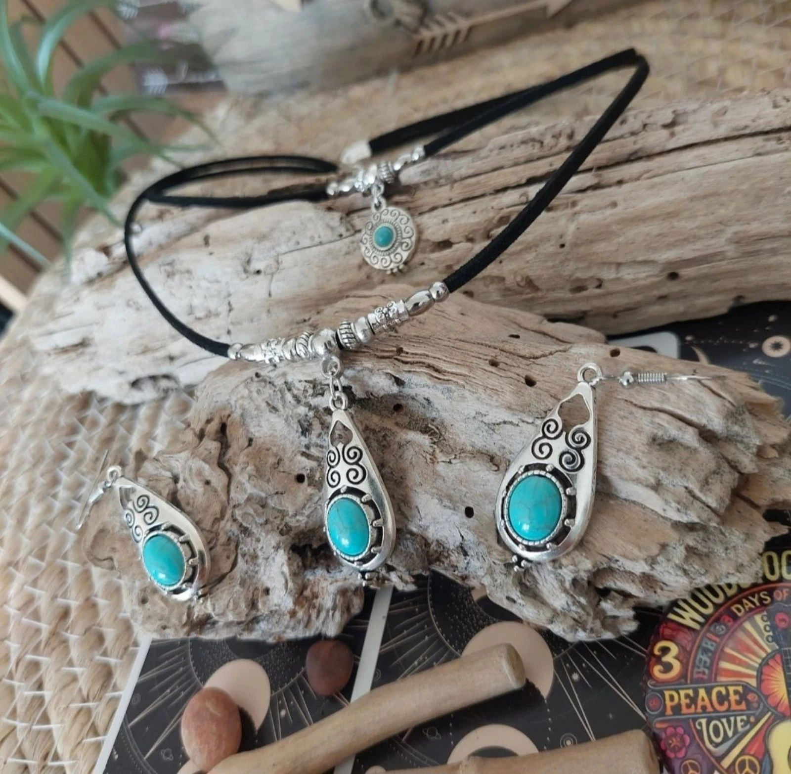 Parure bohème double rangs, larme maya spirale turquoise – photo 2